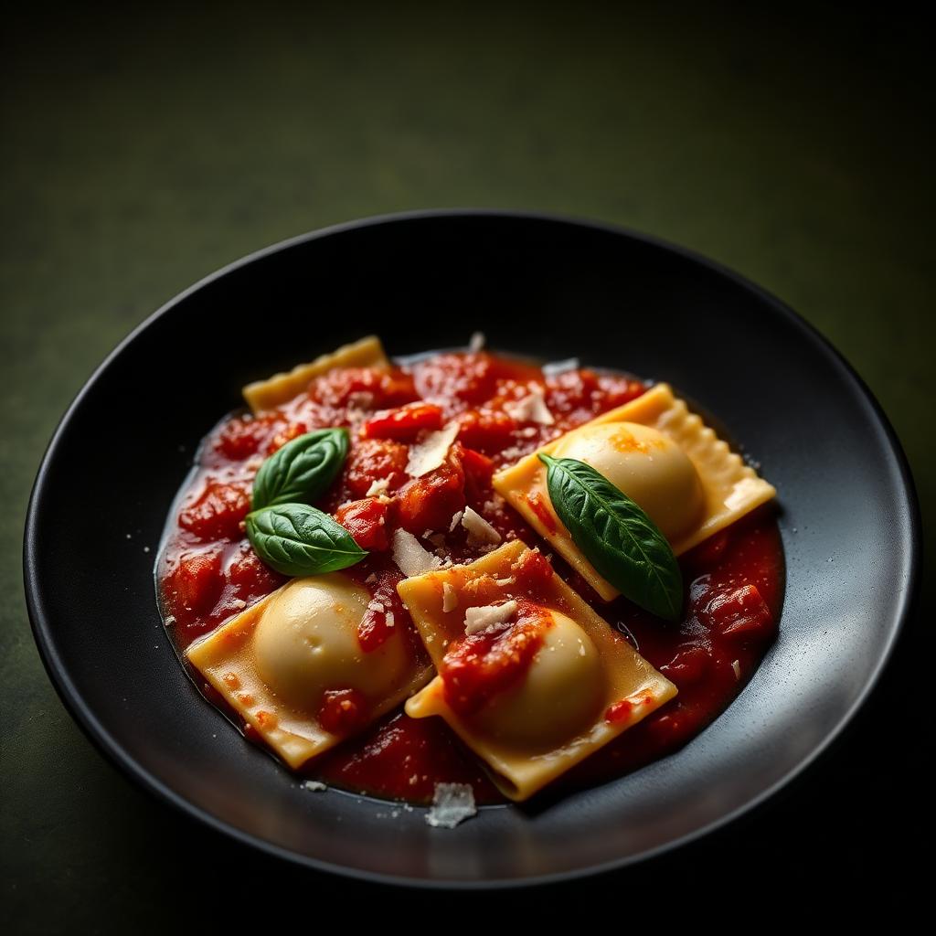 Ravioli de 3 queijos ao molho pomodoro e manjericão